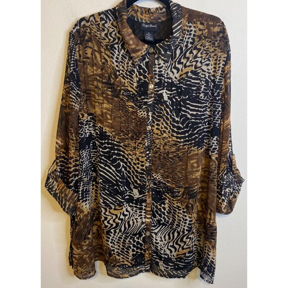Maggie Barnes Blouse Animal Print Pleated Button Up Semi-Sheer Long Sleeve 2X - Picture 1 of 4